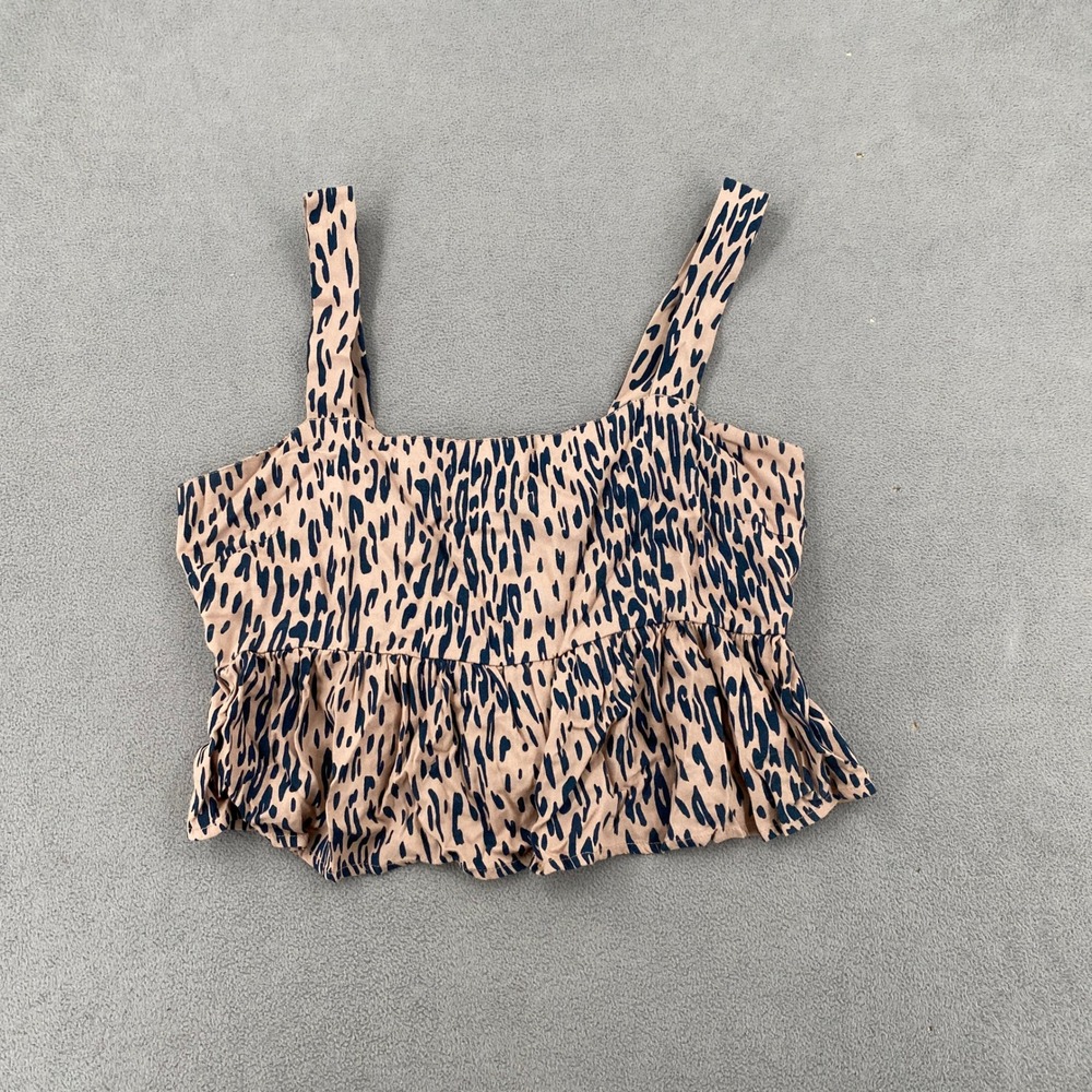 ONeill Womens Small Leopard Print Smocked Peplum Crop Top Tan Navy Blue